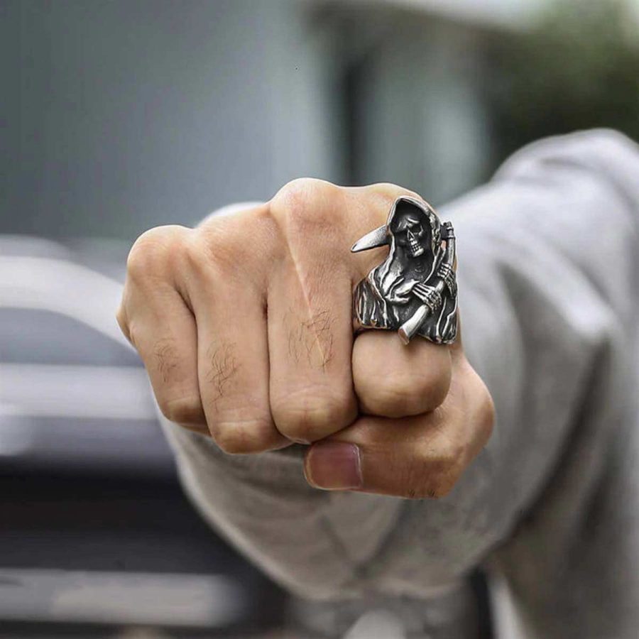 prsten za muškarce bajkerski sa kosturskom lobanjom kostur sa kosom kosač smrt death prsten za muškarce