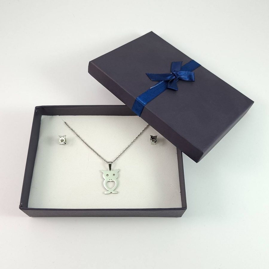 sova set od hirurškog čelika minđuše i ogrlica lančić sa priveskom u obliku sovice komplet za žene